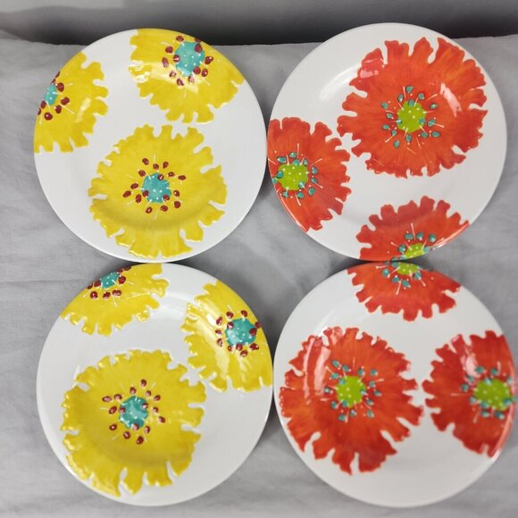 LAURIE GATES Melamine Floral Plates Embossed Orange Green Yellow Teal Set Of 6 - Picture 4 of 7